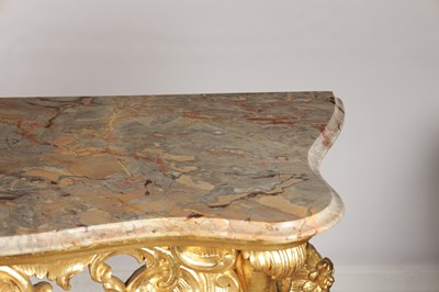 Lot 1501 - A 19TH CENTURY FRENCH GILTWOOD CONSOLE TABLE WITH MARBLE TOP