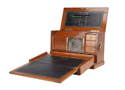 Lot 1398 - A LATE 19TH CENTURY ENGLISH OAK WRITING SLOPE WITH FITTED STATIONERY INTERIOR AND PERPETUAL CALENDAR