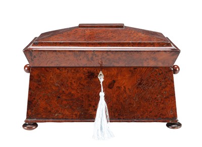 Lot 1419 - A REGENCY ENGLISH BURR WALNUT SARCOPHAGUS TEA CADDY