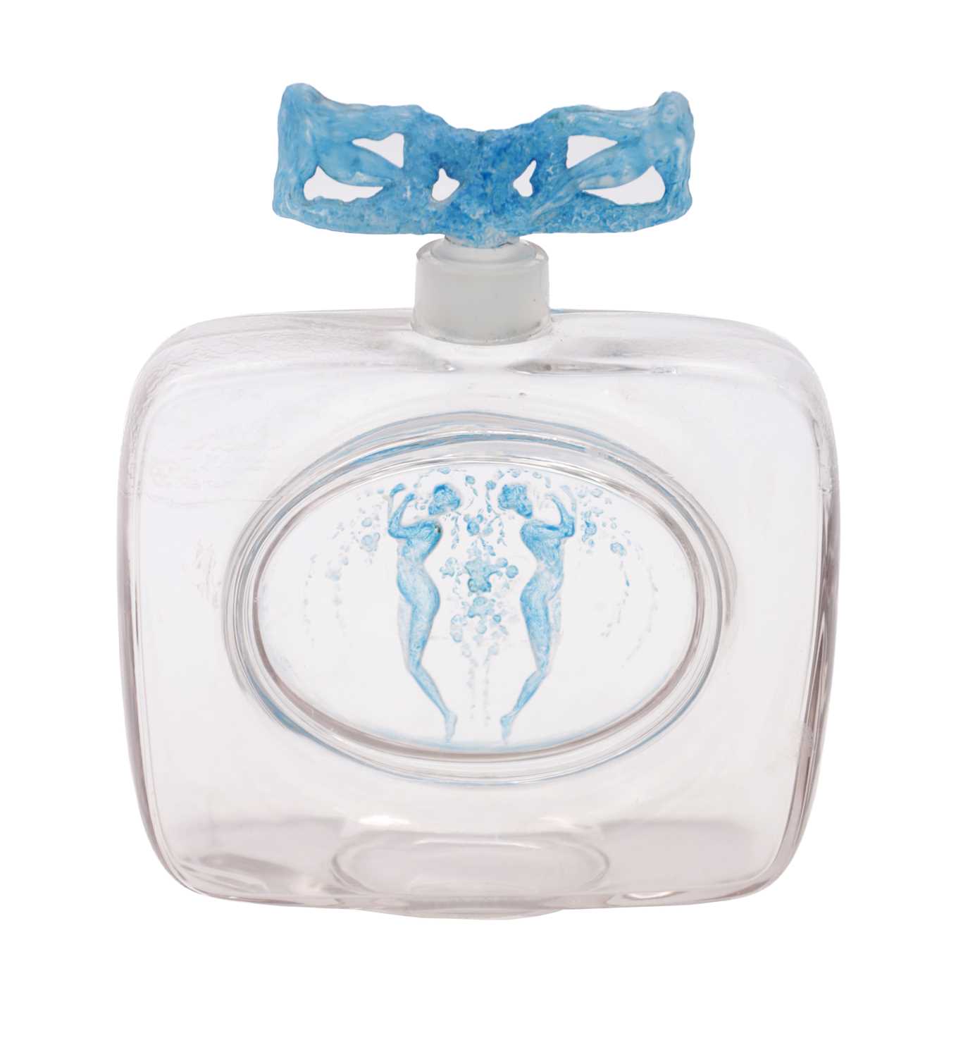 Lot 543 - RENE LALIQUE A BLUE STAINED DEUX FIGURES PERFUME BOTTLE