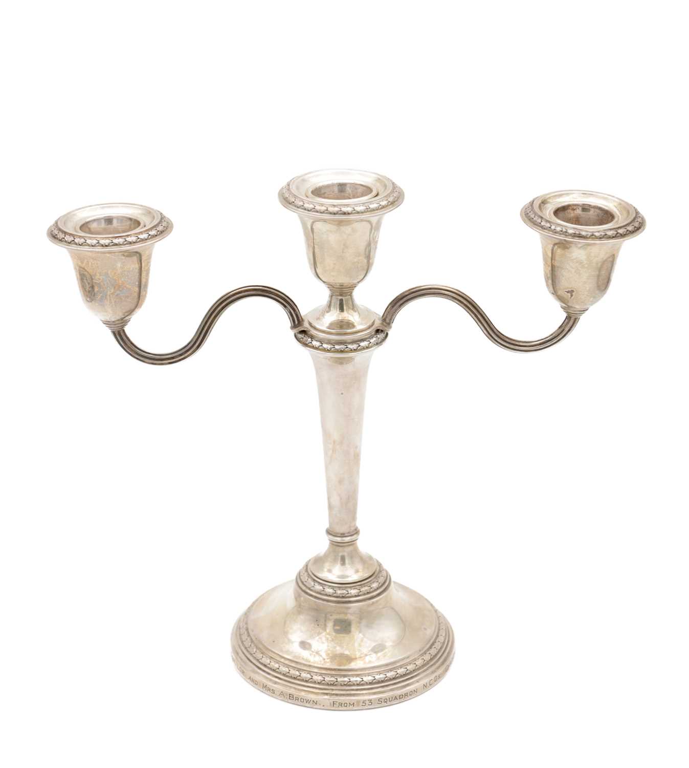Lot 70 - A SILVER THREE BRANCH CANDELABRA