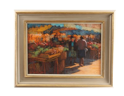 Lot 947 - JOHN MACKIE A PASTEL MARKET SCENE