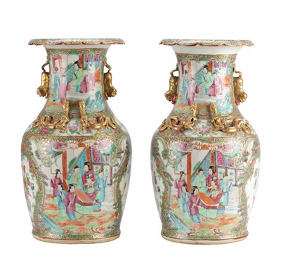 Lot 768 - A PAIR OF LATE 19TH CENTURY CHINESE CANTON FAMILLE ROSE PORCELAIN VASES