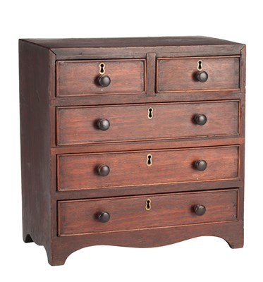 Lot 1597 - A 19TH CENTURY MAHOGANY MINIATURE CHEST OF DRAWERS