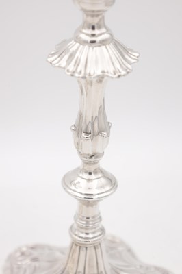 Lot 19 - A FINE PAIR OF GEORGE III ENGLISH CAST SILVER CANDLESTICKS BY EBENEZER COKER