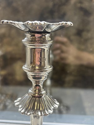 Lot 19 - A FINE PAIR OF GEORGE III ENGLISH CAST SILVER CANDLESTICKS BY EBENEZER COKER