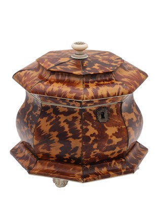 Lot 1407 - AN EARLY 19TH CENTURY TORTOISESHELL AND SILVER WIRE INLAID HEXAGONAL DOUBLE TEA CADDY