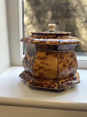 Lot 1407 - AN EARLY 19TH CENTURY TORTOISESHELL AND SILVER WIRE INLAID HEXAGONAL DOUBLE TEA CADDY