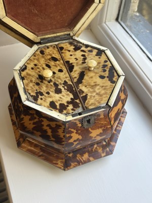 Lot 1407 - AN EARLY 19TH CENTURY TORTOISESHELL AND SILVER WIRE INLAID HEXAGONAL DOUBLE TEA CADDY