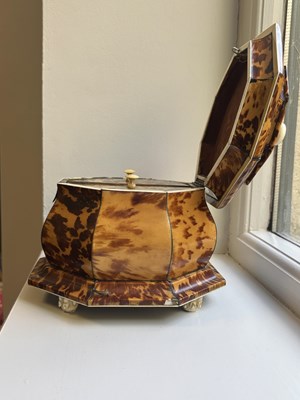 Lot 1407 - AN EARLY 19TH CENTURY TORTOISESHELL AND SILVER WIRE INLAID HEXAGONAL DOUBLE TEA CADDY