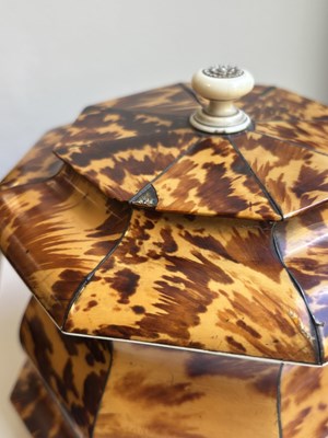 Lot 1407 - AN EARLY 19TH CENTURY TORTOISESHELL AND SILVER WIRE INLAID HEXAGONAL DOUBLE TEA CADDY