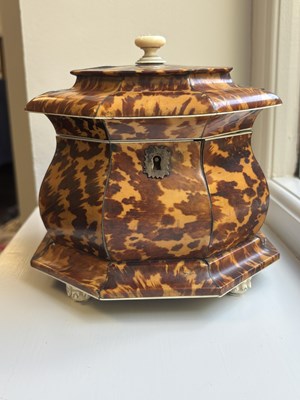 Lot 1407 - AN EARLY 19TH CENTURY TORTOISESHELL AND SILVER WIRE INLAID HEXAGONAL DOUBLE TEA CADDY