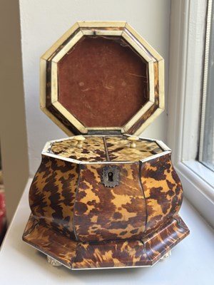 Lot 1407 - AN EARLY 19TH CENTURY TORTOISESHELL AND SILVER WIRE INLAID HEXAGONAL DOUBLE TEA CADDY