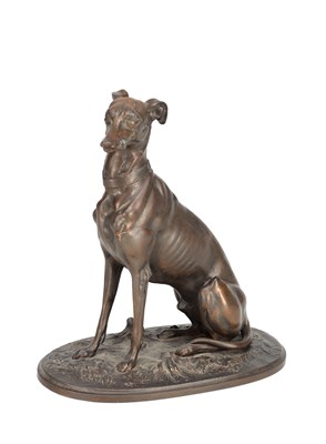 Lot 1023 - A PATINATED BRONZE MODEL OF A SEATED GREYHOUND ON AN OVAL BASE