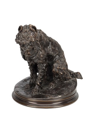 Lot 1082 - PIERRE-JULES MENE A FRENCH PATINATED BRONZE MODEL OF A SEATED DOG ON OVAL BASE
