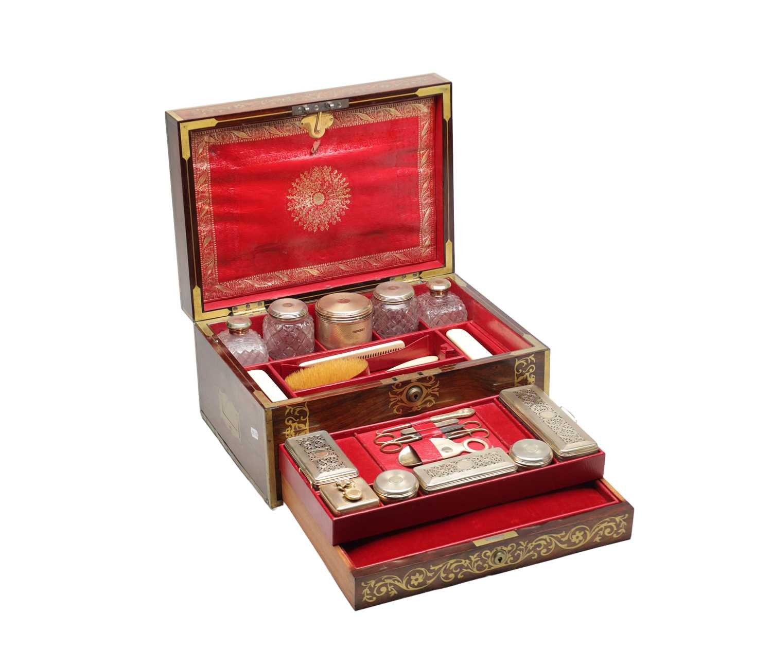 Lot 1386 - ASPREY OF LONDON A ROSEWOOD AND BRASS BOUND DRESSING CASE WITH SILVER GILT FITTINGS