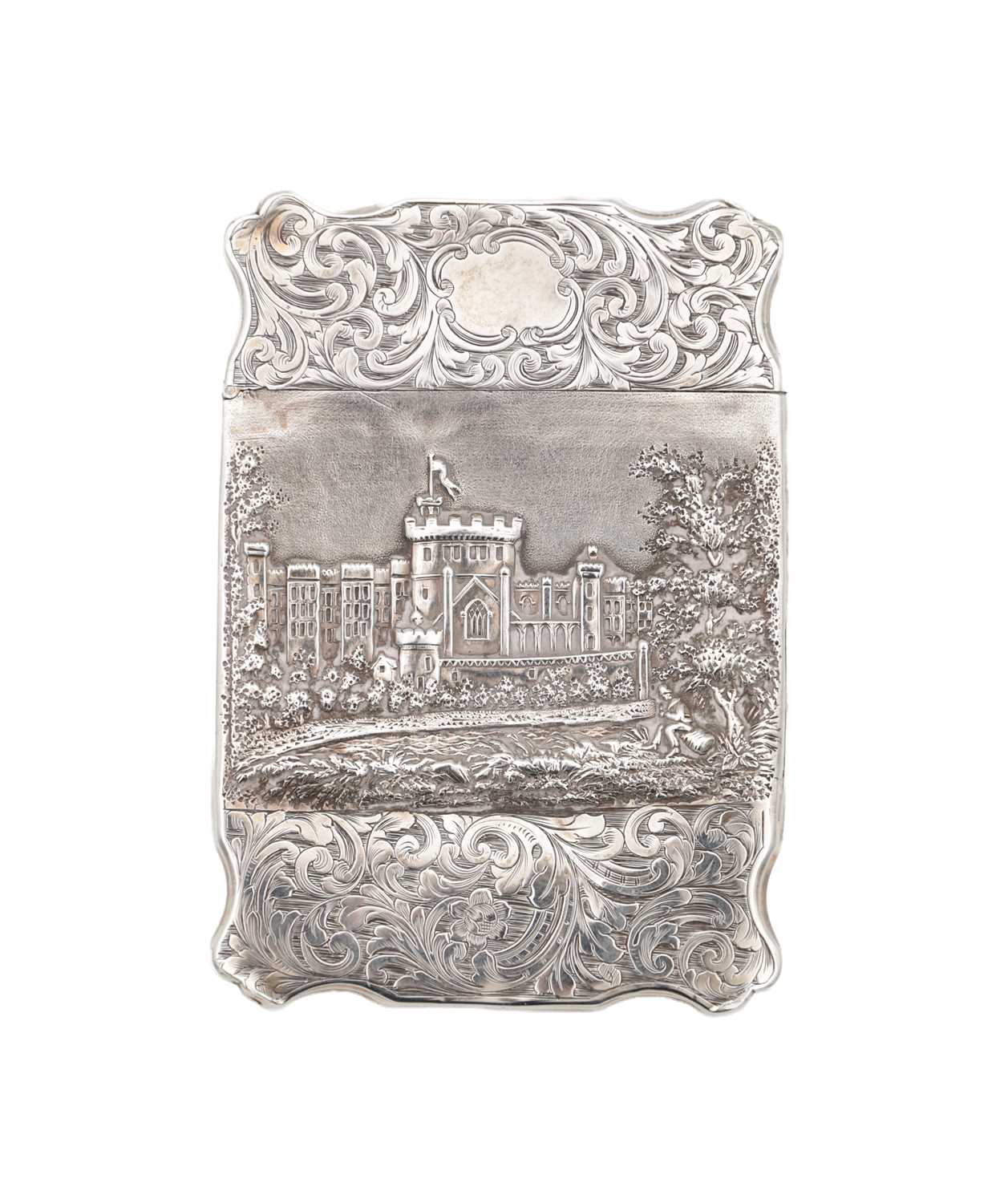 Lot 79 - A VICTORIAN ENGLISH SILVER CARD CASE WITH CASTLE VIEW