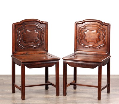 Lot 771 - A PAIR OF 19TH CENTURY CHINESE HARDWOOD SIDE CHAIRS