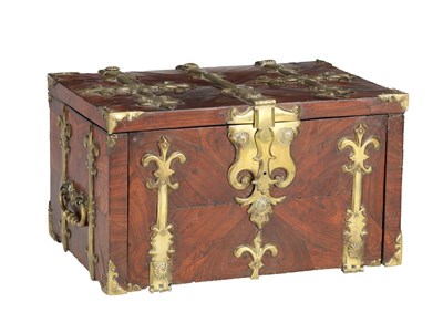 Lot 1374 - A LATE 17TH CENTURY OYSTER CUT KINGWOOD VENEERED BRASS-MOUNTED COFFRE FORT