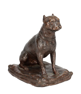 Lot 1032 - A LATE 19TH CENTURY FRENCH PATINATED BRONZE BULLDOG ON A CUSHION
