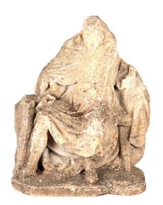 Lot 1153 - A STONE SEATED DRAPED FIGURE FRAGMENT