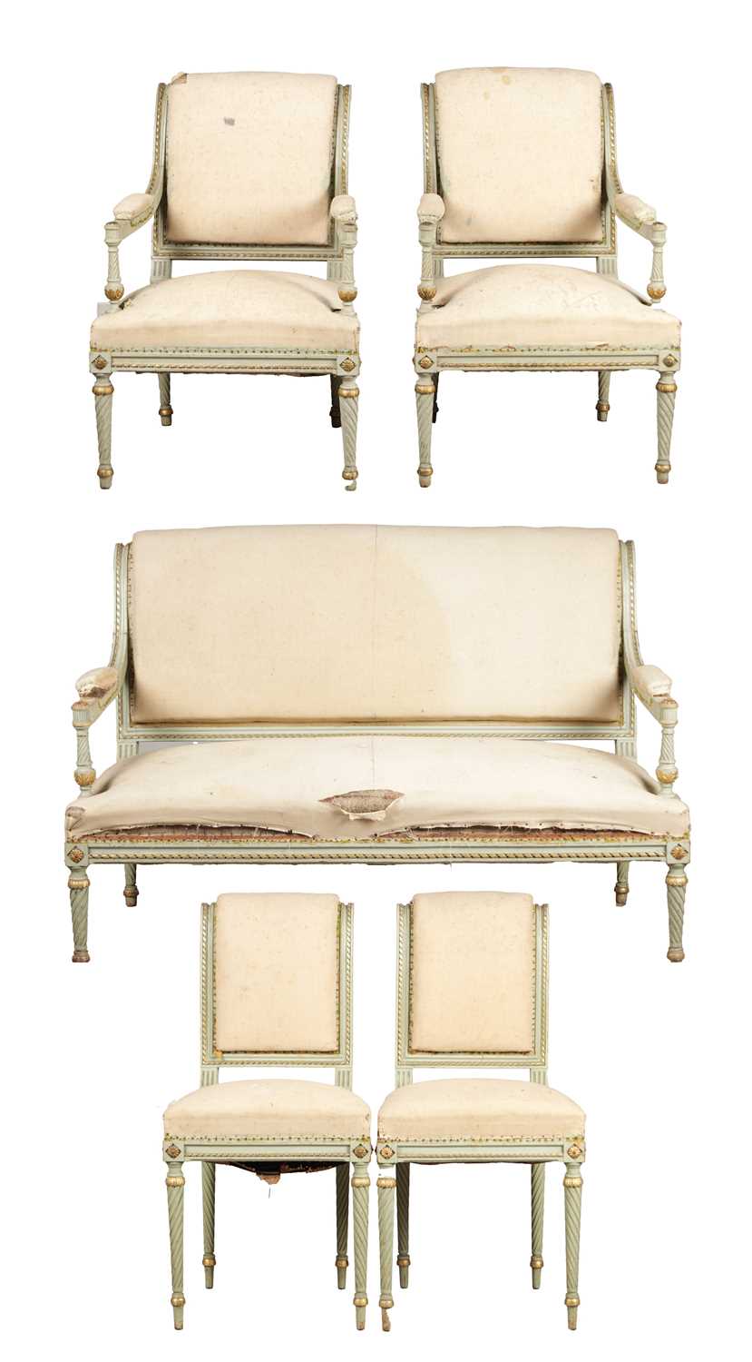 Lot 1586 - A LATE 19TH CENTURY FRENCH LOUIS XVI STYLE PAINTED WOOD SEAT SUITE