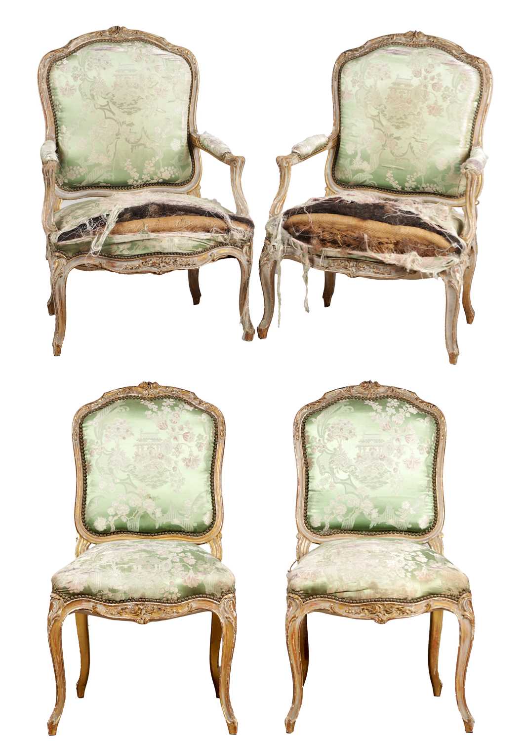 Lot 1577 - A SUITE OF FOUR LOUIS XV STYLE FRENCH CARVED AND PAINTED CHAIRS