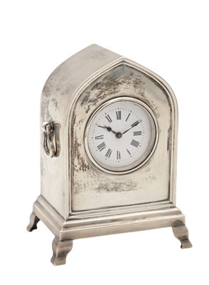 Lot 1277 - AN EARLY 20TH CENTURY ENGLISH SILVER MINIATURE LANCET TOP MANTEL CLOCK