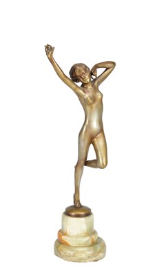 Lot 1073 - JOSEF LORENZL AN ART DECO GILT BRONZE FIGURE OF A DANCING NUDE ON ONYX BASE