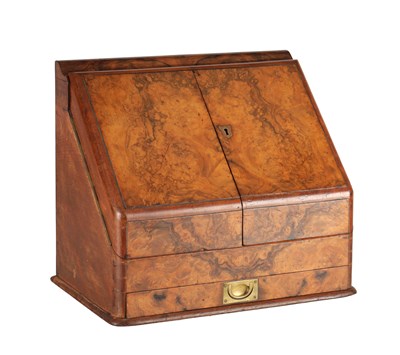 Lot 1394 - A VICTORIAN BURR WALNUT AND SATINWOOD SLOPE-FRONT STATIONERY BOX