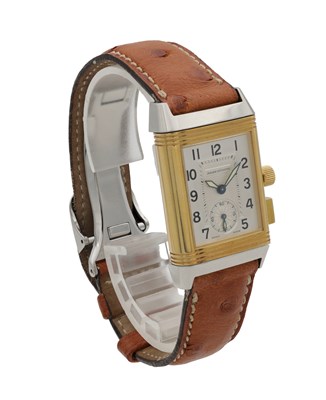 Lot 478 - A CIRCA 2000 JAEGER-LECOULTRE STEEL AND GOLD REVERSO MEMORY WRIST WATCH