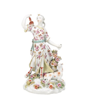 Lot 686 - AN 18TH CENTURY DERBY PORCELAIN FIGURE OF DIANA WITH HOUND