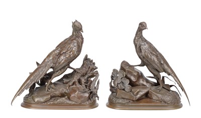 Lot 1113 - JULES MOIGNIEZ A PAIR OF FRENCH PATINATED BRONZE PHEASANTS