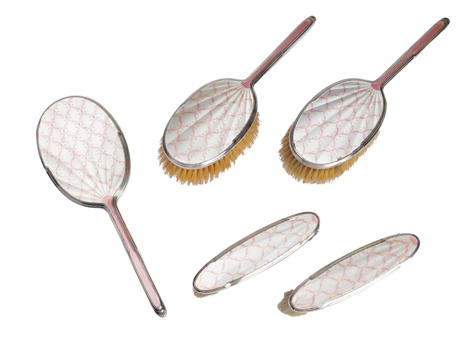 Lot 41 - AN ART DECO ENGLISH SILVER AND GUILLOCHE ENAMEL DRESSING TABLE SET