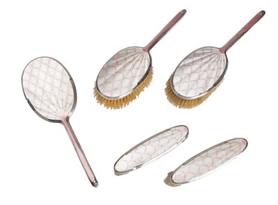 Lot 41 - AN ART DECO ENGLISH SILVER AND GUILLOCHE ENAMEL DRESSING TABLE SET