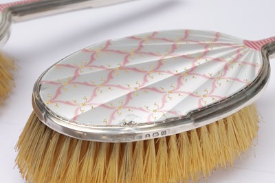 Lot 41 - AN ART DECO ENGLISH SILVER AND GUILLOCHE ENAMEL DRESSING TABLE SET