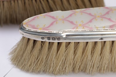 Lot 41 - AN ART DECO ENGLISH SILVER AND GUILLOCHE ENAMEL DRESSING TABLE SET