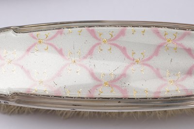 Lot 41 - AN ART DECO ENGLISH SILVER AND GUILLOCHE ENAMEL DRESSING TABLE SET
