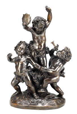 Lot 992 - A 19TH CENTURY STYLE PATINATED BRONZE FIGURAL GROUP OF DANCING PUTTI SIGNED LIVI