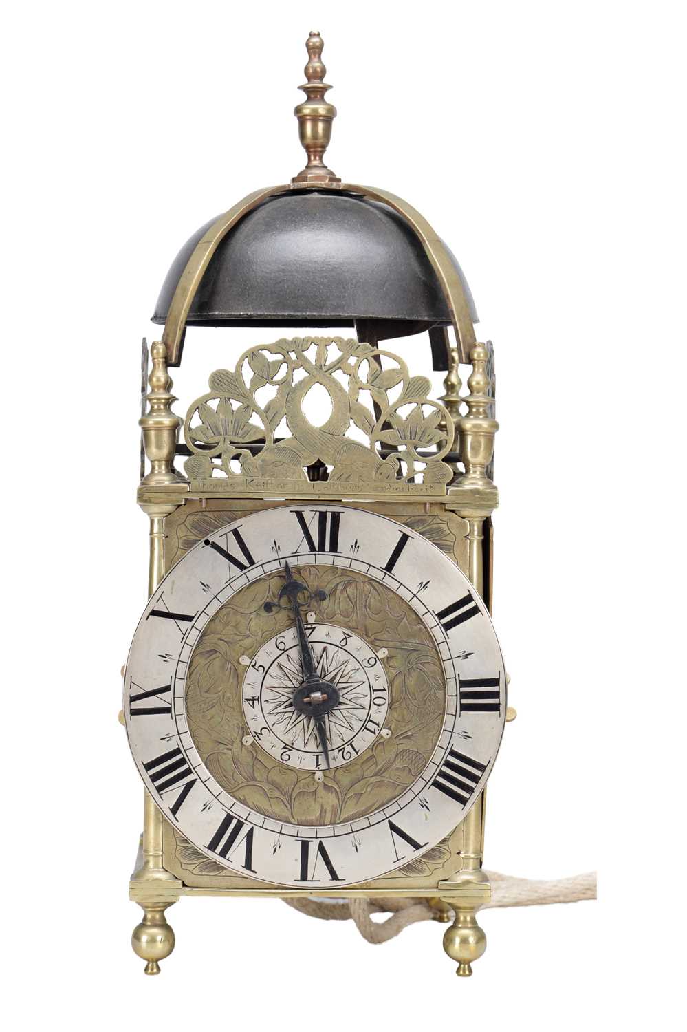 Lot 1226 - THOMAS KNIFTON, LONDON. A MID 17TH CENTURY BRASS LANTERN CLOCK WITH ALARM DIAL