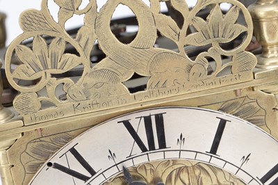 Lot 1226 - THOMAS KNIFTON, LONDON. A MID 17TH CENTURY BRASS LANTERN CLOCK WITH ALARM DIAL