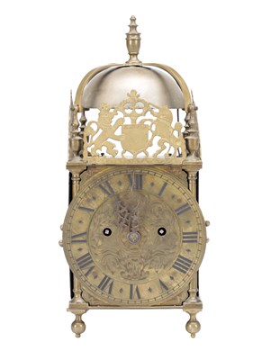 Lot 1282 - A LATE 19TH CENTURY BRASS DOUBLE FUSEE LANTERN STYLE MANTEL CLOCK