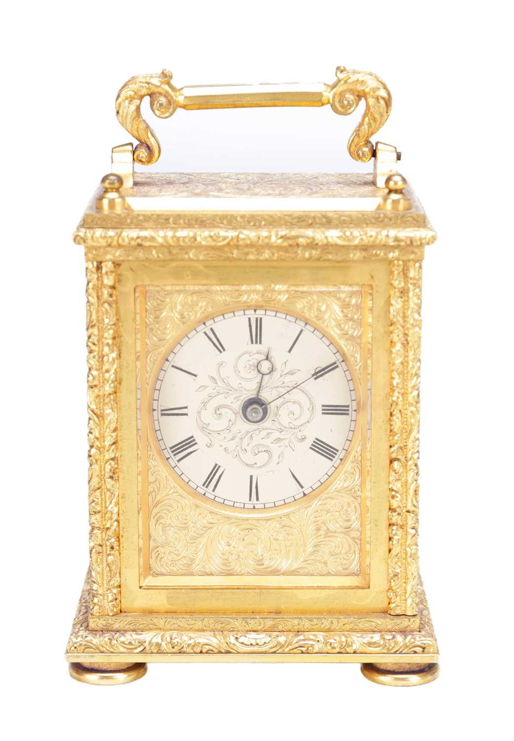 Lot 1330 - A FINE MID 19TH CENTURY ENGLISH GILT BRASS FUSEE CARRIAGE CLOCK TIMEPIECE