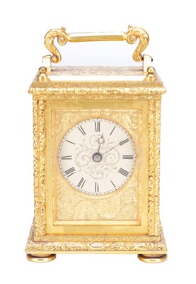 Lot 1330 - A FINE MID 19TH CENTURY ENGLISH GILT BRASS FUSEE CARRIAGE CLOCK TIMEPIECE
