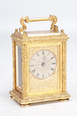 Lot 1330 - A FINE MID 19TH CENTURY ENGLISH GILT BRASS FUSEE CARRIAGE CLOCK TIMEPIECE