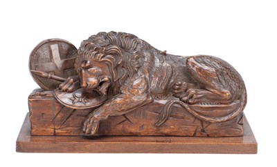 Lot 1402 - A 19TH CENTURY SWISS CARVED LINDEN WOOD SCULPTURE OF THE LION OF LUCERNE