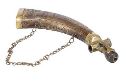Lot 853 - A DATED 1804 BRASS MOUNTED CARVED HORN POWDER FLASK