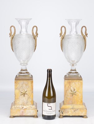 Lot 990 - A PAIR OF FRENCH EMPIRE CUT GLASS AND SIENNA MARBLE TABLE LAMPS