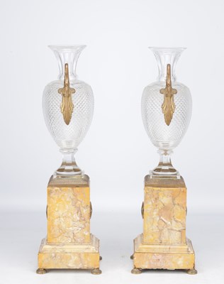 Lot 990 - A PAIR OF FRENCH EMPIRE CUT GLASS AND SIENNA MARBLE TABLE LAMPS