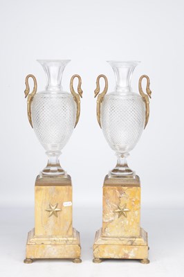 Lot 990 - A PAIR OF FRENCH EMPIRE CUT GLASS AND SIENNA MARBLE TABLE LAMPS